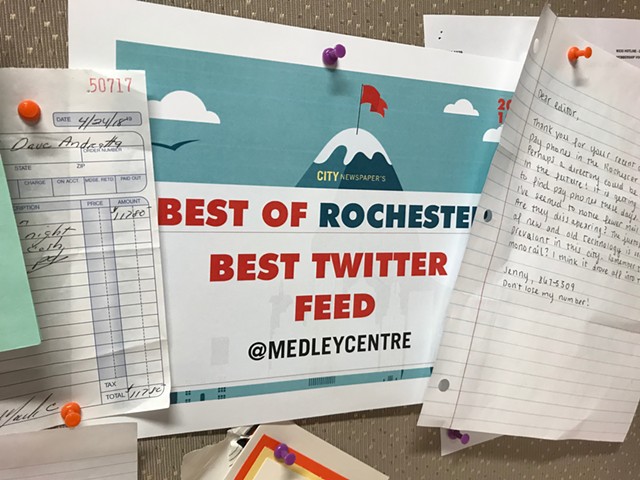 @MedleyCentre's certificate for "Best Twitter Feed" of 2019 is pinned on CITY Editor David Andreatta's corkboard next to a letter from Jenny at 867-5309.