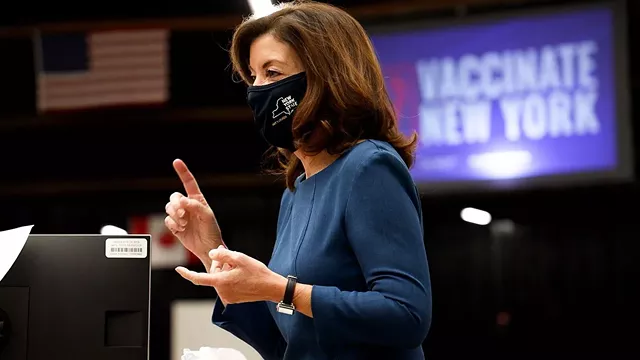 Lt. Governor Kathy Hochul speaks at Wednesday's opening of the state-run COVID-19 vaccination site at the Dome Arena. - PHOTO BY MAX SCHULTE / WXXI NEWS
