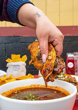 The Saucey Chef's "Tacos 4 Lovers" are beef queso tacos, served with a dipping consommé. - PHOTO BY JACOB WALSH