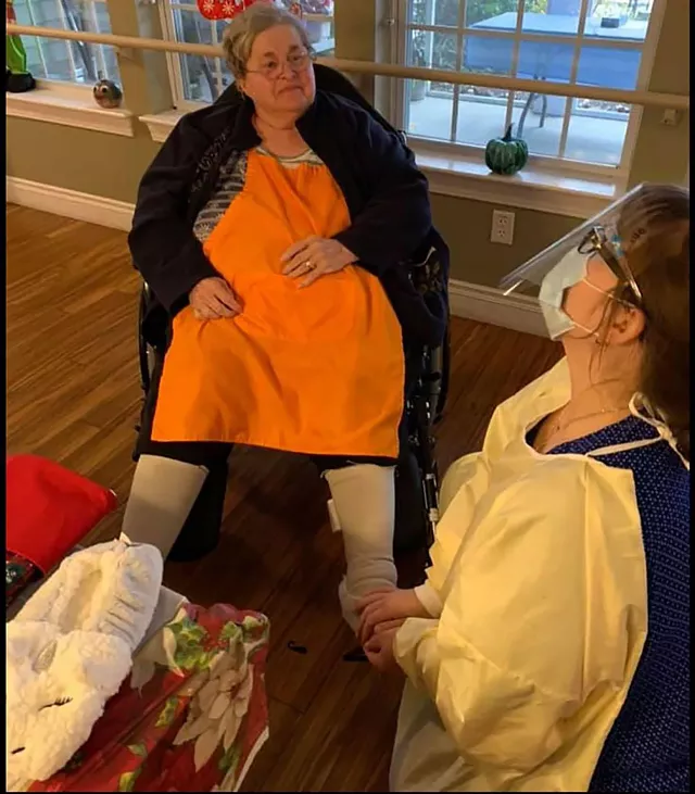 Mare Millow's mother, Kim Millow, a resident at the Green House home in Fairport, talks with nurse leader guide Polly Boland. - PHOTO PROVIDED BY ST. JOHN'S PENFIELD HOMES