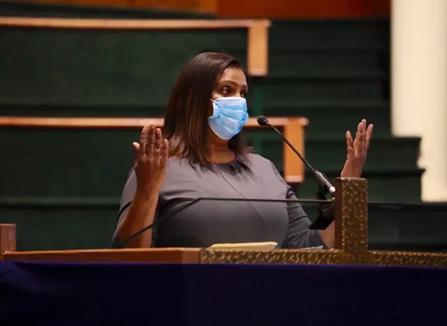Attorney General Letitia James speaking at Aenon Baptist Church on Genesee Street Tuesday, February 23. - PHOTO BY MAX SCHULTE