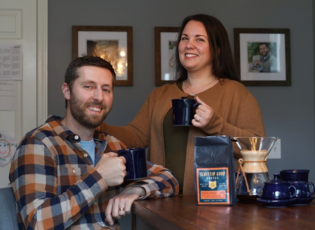Kate and Kyle Korman at their home in Victor, where they brewed up the idea for Schittin Good Coffee while quarantining during the pandemic. - PHOTO BY MAX SCHULTE