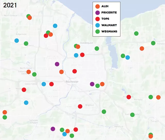 While Wegmans remains the dominant grocery store chain in the Rochester area today, it has just one store in the city. Competitors have moved to fill the void. - MAP ILLUSTRATION BY RYAN WILLIAMSON