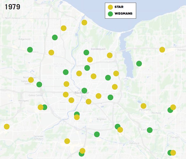 By 1979, Star Supermarkets and Wegmans accounted for nearly three-quarters of all grocery sales in Rochester and collectively ran 28 stores in the suburbs and 17 in the city. - MAP DATA FROM "THE DEGRADATION OF THE FOOD RETAIL LANDSCAPE," GRUBER, 2017