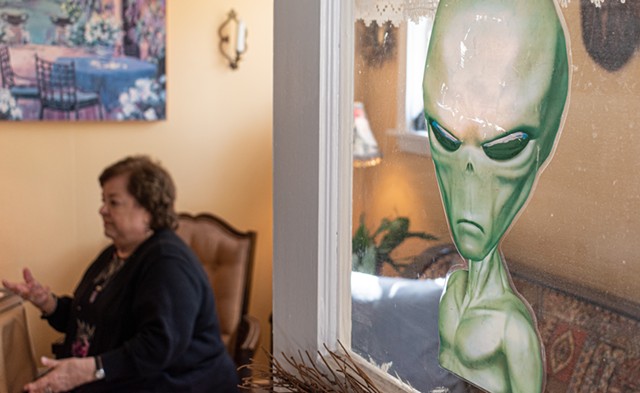 An alien cutout adorns the front door to Stringfellow's house. - PHOTO BY JACOB WALSH