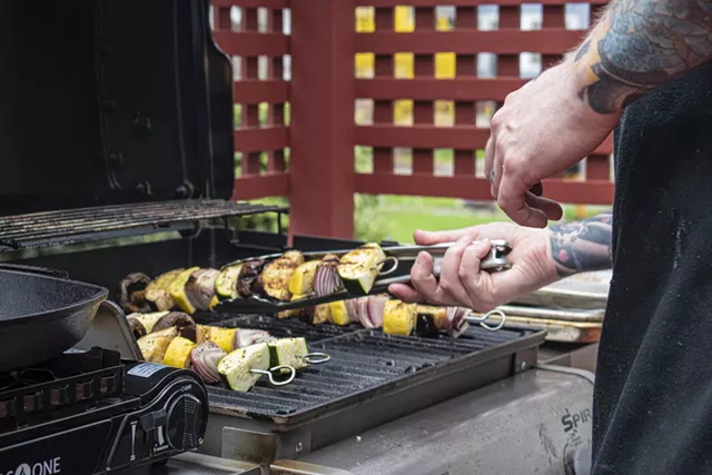 Cut into large cubes, a boneless leg of lamb is a flavorful accompaniment to grilled mushrooms, squash, onion, zucchini, and eggplant. - PHOTO BY JACOB WALSH