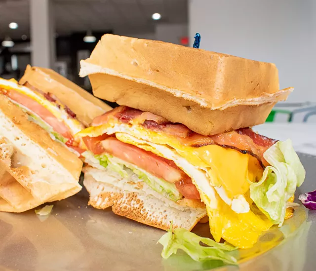 Wafflewich with bacon, cheese, lettuce, and tomato. - PHOTO BY JACOB WALSH
