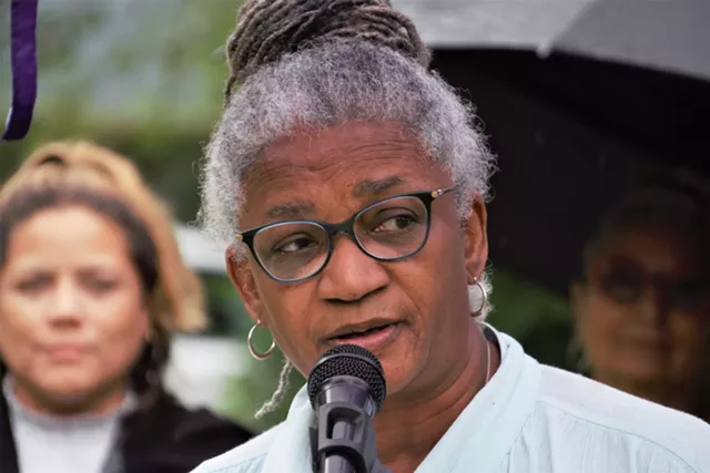 Former city school board president Shirley Thompson said the women who gathered Friday in support of LaKaya Sinclair said they were shocked, disgusted, and angry "for what Ernest Flagler-Mitchell put you through." - PHOTO BY GINO FANELLI