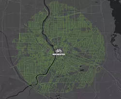 A map produced by Reconnect Rochester showing how far someone can get by bike in 20 minutes within the city of Rochester. - IMAGE PROVIDED BY RECONNECT ROCHESTER