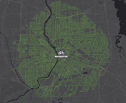 A map produced by Reconnect Rochester showing how far someone can get by bike in 20 minutes within the city of Rochester. - IMAGE PROVIDED BY RECONNECT ROCHESTER