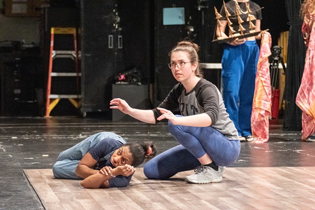 Tamara Chapman (left) and Eliza McDaniel rehearse a scene from Rochester Community Players' "The Tempest." - PHOTO BY JACOB WALSH