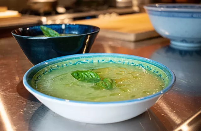 Sweet and herby, this chilled melon and basil soup is made with honeydew, limes, olive oil, and basil. - PHOTO BY JACOB WALSH