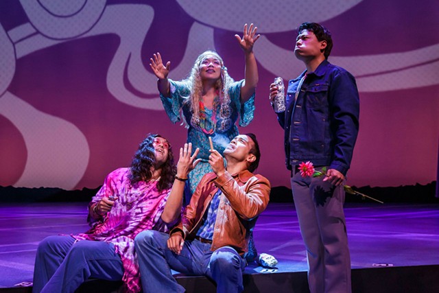 Hansel Tan, Melody Butiu, Kurt Uy, and Andrew Cristi perform in Qui Nguyen's "Vietgone" at Geva Theatre Center through Oct 24. - PHOTO BY RON HEERKENS JR.