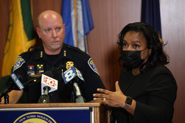 Interim Rochester Police Chief Cynthia Herriott-Sullivan, right, said Wednesday that she will resign next week. Deputy Chief of Operations David Smith, left, will take over as interim chief. - PHOTO BY MAX SCHULTE