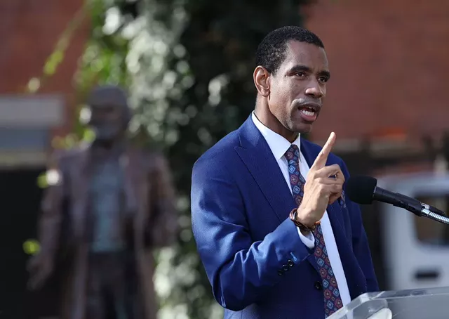 Malik Evans, Rochester's presumptive mayor-elect, called whoever vandalized the Douglass statue "an idiot" during the reinstallation event on Wednesday, Oct. 27, 2021. - PHOTO BY MAX SCHULTE