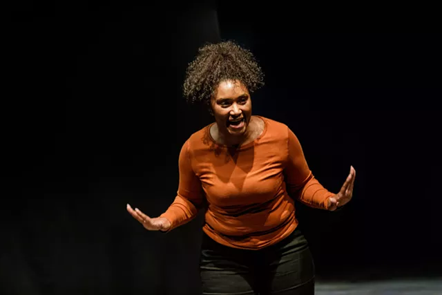 Adryanna Elmendorf performs in "Pretty Fire," the one-woman show by Charlayne Woodard, at Blackfriars Theatre through Nov. 7.. - PHOTO BY RON HEERKENS JR. / GOAT FACTORY MEDIA ENTERTAINMENT