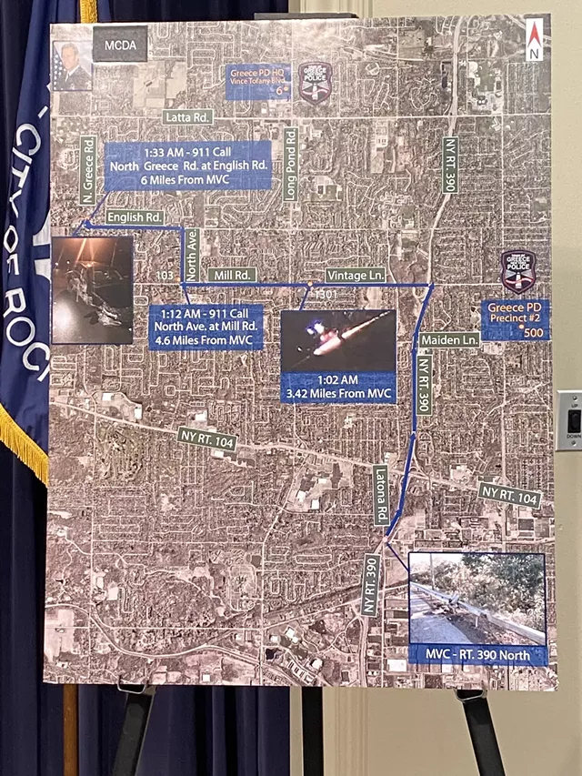 A map outlining former Greece Police Chief Andrew Forsythe's travels. The image in the middle of the map shows sparks flying from the vehicle thought to be his traveling on Route 390. - PHOTO BY JAMES BROWN