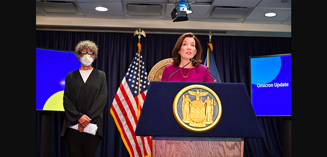 New York Gov. Kathy Hochul introduces the state's new health commissioner, Dr. Mary Bassett, at a COVID-19 briefing on December 2, 2021. - PHOTO COURTESY OF KEVIN P. COUGHLIN / GOV. KATHY HOCHUL'S OFFICE
