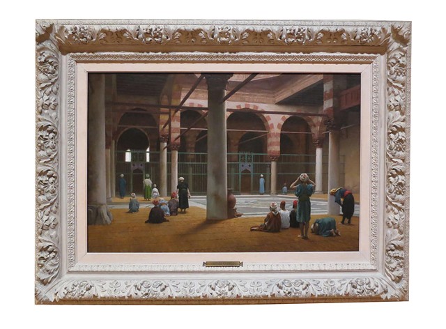 Jean-Leon Gerome's "Interior of a Mosque" came to the Memorial Art Gallery in a whitewashed frame. The painting's new frame was gilded and elaborately festooned with a hand-carved ersatz Arabic theme by Eli Wilner & Co., a leading framing company in New York City, at a cost of $20,000.