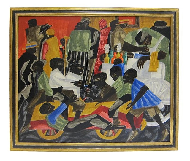 One of the most important works in MAG's collection is "Summer Street Scene in Harlem, 1948" by Jacob Lawrence. An ebonized frame with strong molding was chosen as a replacement to emphasize and enhance the images in the work.