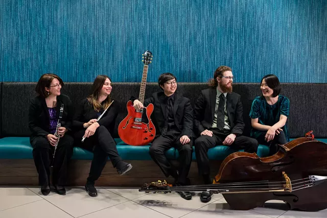 Fivebyfive is clarinetist Marcy Bacon, flutist Laura Lentz, guitarist Sungmin Shin, bassist Eric J. Polenik, and pianist Haeyeun Jeun. - PHOTO PROVIDED