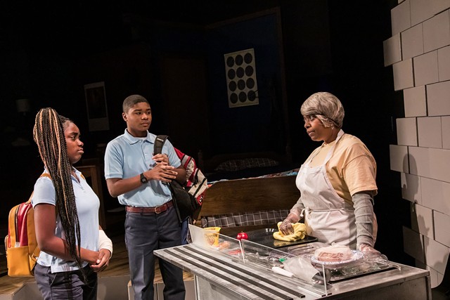 From left, Genesis Arrindell, who plays Deja, acts out a scene alongside Annan Bates and Kat Rina Davis in "Surely Goodness and Mercy." - PHOTO BY RON HEERKENS JR.