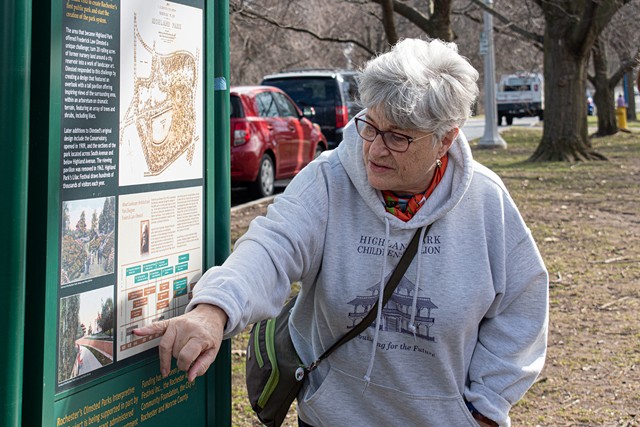 JoAnn Beck, president of the Highland Park Conservancy board, explained the history around the park and the Children's Pavilion. - PHOTO BY JACOB WALSH