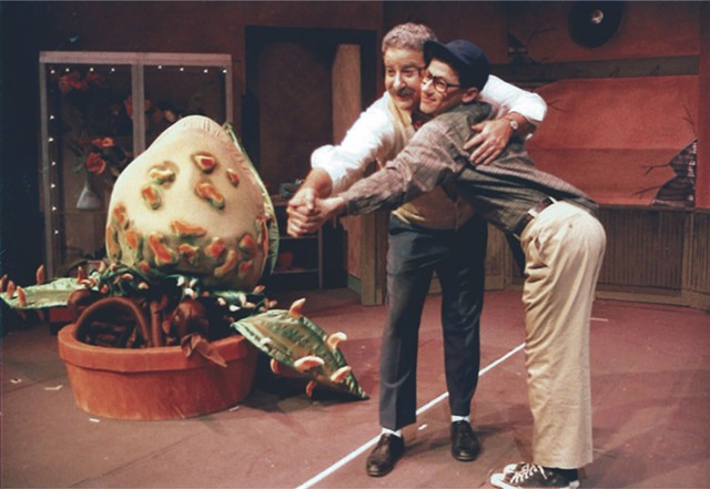 Herb Katz (left), JCC CenterStage founding artistic director, and Ralph Meranto, current JCC CenterStage artistic director, as Mushnik and son in "Little Shop of Horrors" in 1987. - PHOTO BY JAMES PARATORE