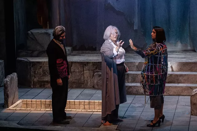 S Joshua Sheppard as Mortimer, Kayla Stein as Dr. Nora Lear, and Rachel Singh as Nora's Mind in "Lear on the 2nd Floor." - PHOTO BY NIC MINETOR
