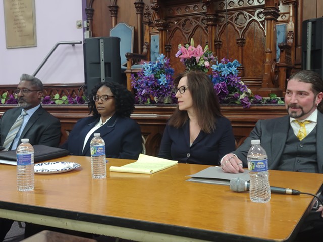 Candidates for the next Monroe County Public Defender, from left, Robert Fogg, Sara Valencia, Julie Cianca, and Andre Vitale, during a public forum Monday night. - PHOTO BY GINO FANELLI