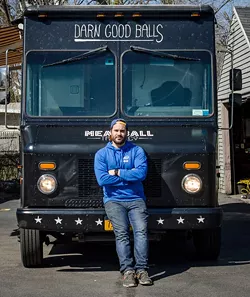 Matt Petrillo of The Meatball Truck Co. For food truck operators, the summer is a lucrative, but demanding season. - PHOTO BY MARK CHAMBERLIN