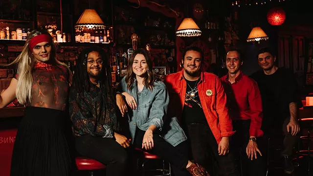 Performer Pedro Araujo with Karis Gregory, Adrianna Noone, Iggy Marino, Spencer Kornrich, and Alex Brophy at Lux Lounge for the "Georgia " music video shoot. - PHOTO PROVIDED