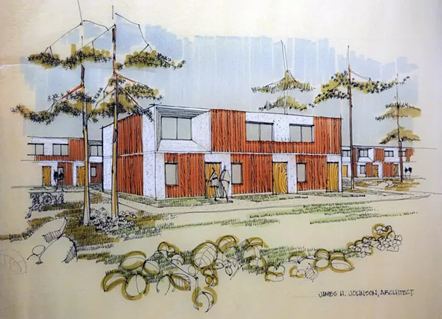Johnson’s architectural rendering of system-cast concrete residences designed for the Baptist Home in Fairport. - PHOTO BY IRA SROLE