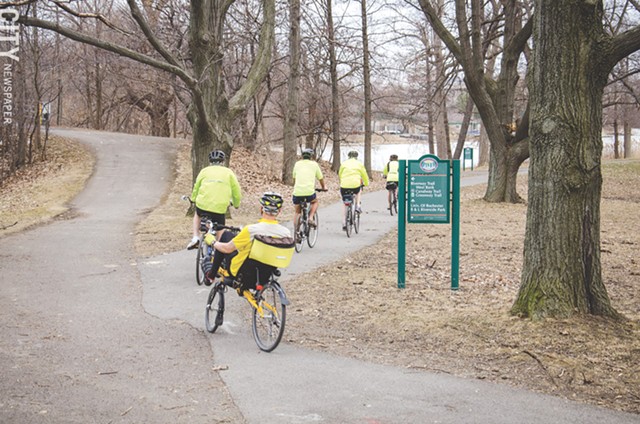 A biking group rides through Genesee Valley Park. - PHOTO BY MARK CHAMBERLIN