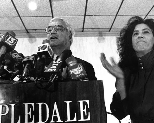 The caption: Frey and then-Democratic Party chair Fran Weisberg at the party celebrating Frey's election in 1986 - FILE PHOTO
