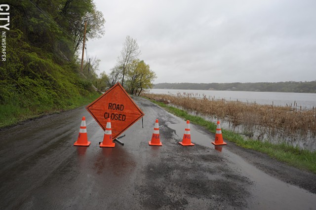 South Bay Front Lane was closed because of flooding from Irondequoit Bay. - PHOTO BY JEREMY MOULE