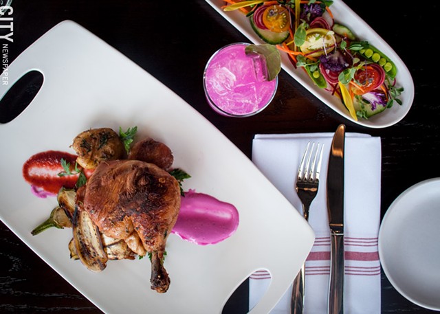 On the menu at Native Bar and Eatery: the Cast Iron Roasted Chicken, served with beet, yogurt, and spiced eggplant. - PHOTO BY RYAN WILLIAMSON