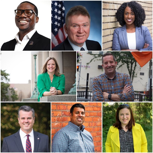 Candidates for offices in Monroe County in 2020. Clockwise from top left: Demond Meeks, Mark Johns, Samra Brouk, Mike Barry, Jen Lunsford, Jeremy Cooney, Christopher Missick, Sarah Clark.