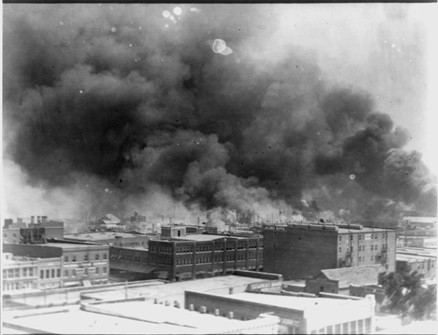 Smoke billowing over Tulsa, Oklahoma, during the 1921 massacre.