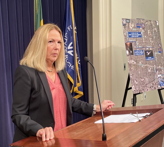 Monroe County District Attorney Sandra Doorley announces a drunken driving charge against former Greece Police Chief Andrew Forsythe on Nov. 8, 2021. Behind her is a map tracing Forsythe's route the night in question.