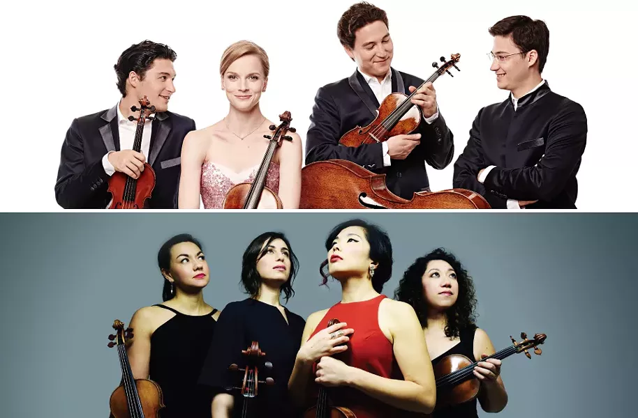 The Schumann Quartet (top) comes to Kilbourn Hall on February 23, while the Aizuri Quartet (bottom) performs on March 29 as part of the 2019-20 Eastman-Ranlet Series. - TOP PHOTO BY KAUPO KIKKAS; BOTTOM PHOTO BY SHERVIN LAINEZ