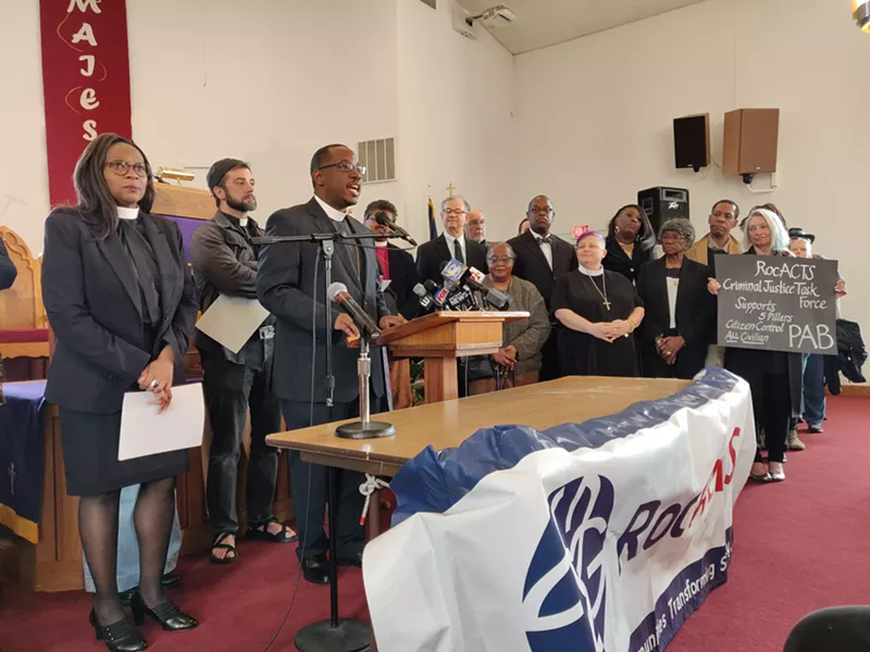 The Rev. James Simmons, right, and the Rev. Wanda Wilson, left, were among the speakers at a press conference today urging City Council not to amend its Police Accountability Board legislation to allow former law enforcement officers to serve on the body. - PHOTO BY JEREMY MOULE