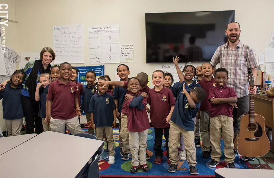 Jesse Sprinkle (far right), who teaches music at Rochester Academy Charter School, has just released a recording project with his kindergarten and first grade students, entitled “The Springtime EP.” - PHOTO BY JACOB WALSH