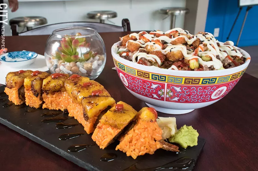 The Merengue Roll (front) and Trasher Plate (back) at Kocina Stingray SushiFusion. - PHOTO BY JACOB WALSH