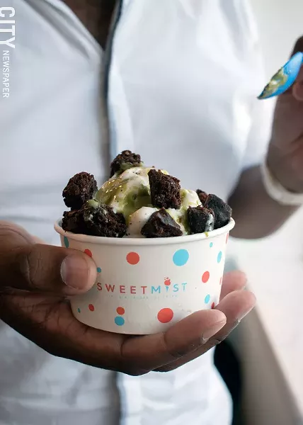 Cardamom ice cream, pistachio fudge, brownie bites topping. - PHOTO BY RENÉE HEININGER