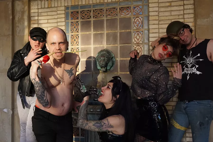 Rochester Goth band Phantasmagoria (left to right: Jeremiah Richards, Nyk Radar, Fayebriel Barrette, Maurene Vanderwall, and Chris Theisen) makes music that's as sinister as it is fun. - PHOTO BY CHLOE KUNES