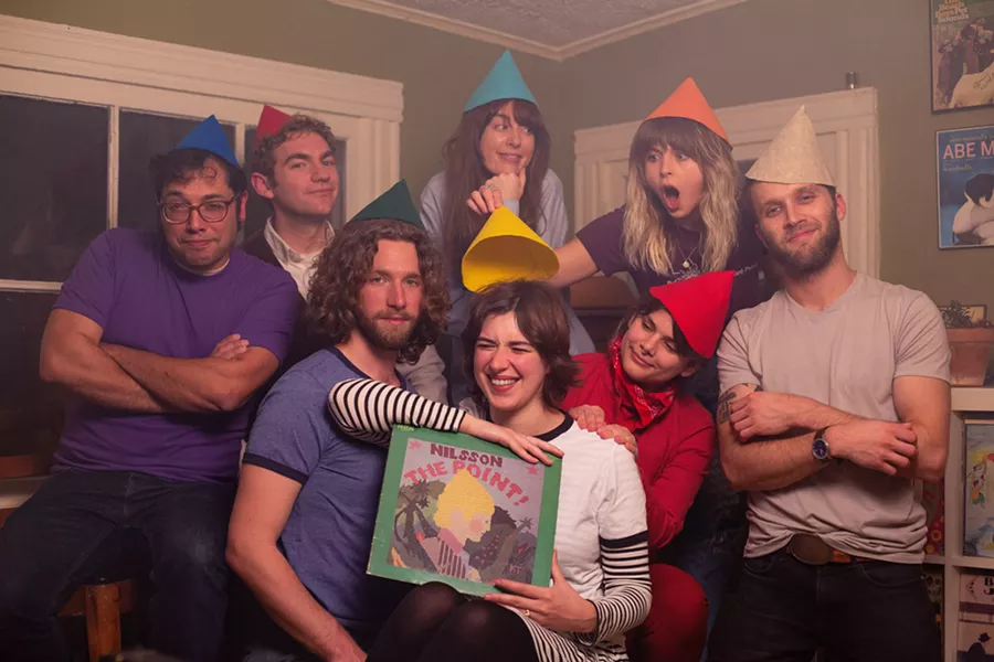 Cast members of “The Point!”: (clockwise from left) Ian Egling, Ben Morey, Katie Morey-Preston, Mikaela Davis, Ryan Yarmel, Kat Schwarz, Alison Coté, and Alex Coté. - PHOTO BY MIKE TURZANKSI