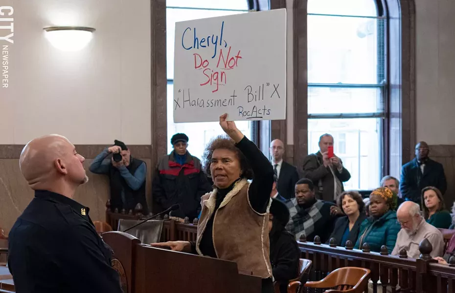 Roc/ACTS President Gayle Harrison speaks out against a proposed county law that would make it a misdemeanor to intentionally “annoy, alarm or threaten the personal safety of” a police officer or other first responder. - PHOTO BY JEREMY MOULE