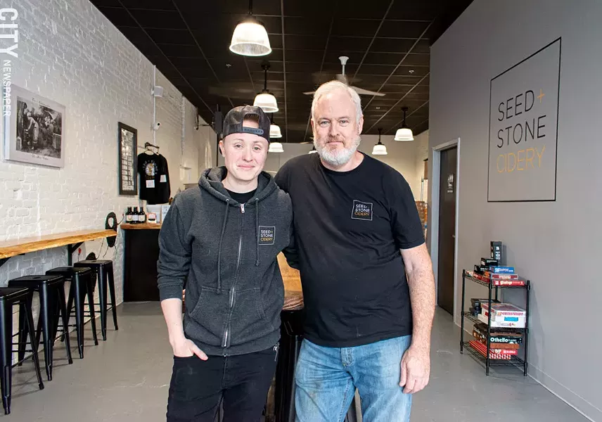 Father-daughter team Bill Bly (right) and Bly run Seed + Stone Cidery at The Hungerford Building. - PHOTO BY JACOB WALSH