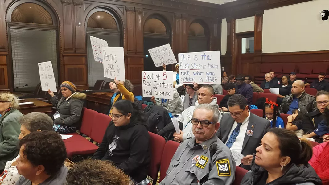 Housing activists turned out for Tuesday night's City Council meeting to support a rental vacancy study, which is necessary to opt into state rent stabilization laws. - PHOTO BY GINO FANELLI